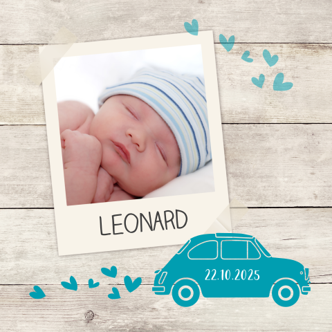 Geburtskarte mit Foto für einen kleinen Autofan