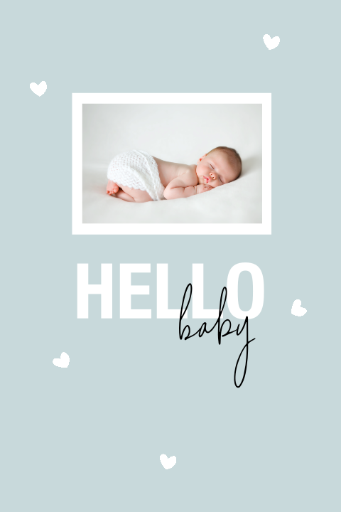 Hübsche Geburtskarte mit Foto und kleinen weißen Herzen
