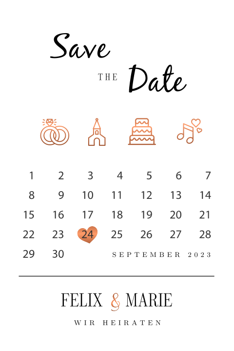 Save the Date Karte als Kalenderblatt mit icons: "Großer Tag"