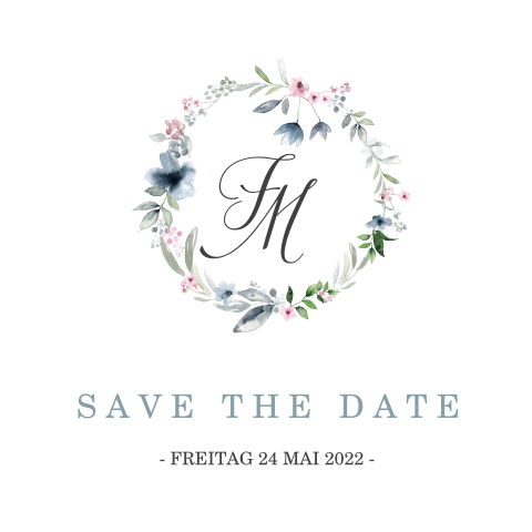 Save the Date Hochzeitskarte mit einem Blumenkranz in Pastellfarben