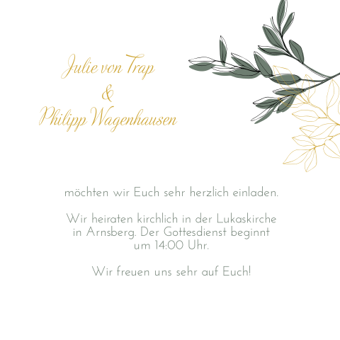 Hochzeitseinladung mit Blättern in Grün und Gold: "Golden Leaves"