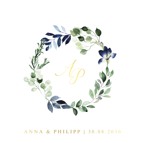 Hochzeitseinladung mit Blumenkranz und Foliendruck: "Wedding Wreath"