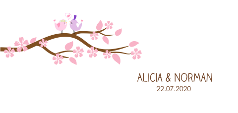 Hochzeitseinladung mit pinken Blüten und Vögeln auf einem Zweig