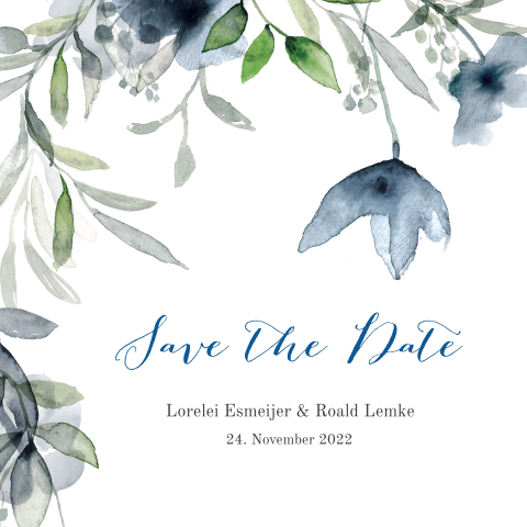Save the Date Karte mit blauen Blüten
