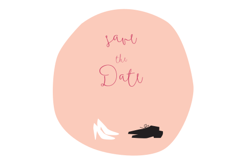 Save the Date Karte mit Schuhen und rosafarbenen Kreis: "Pink Love"