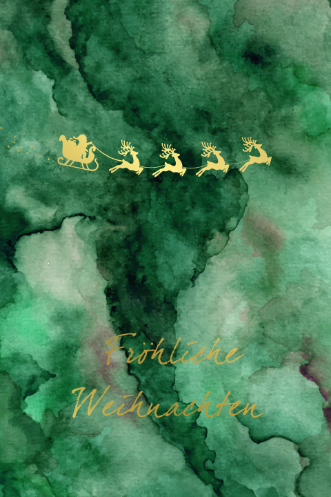 Weihnachtskarte mit grünem Hintergrund und Weihnachtsschlitten