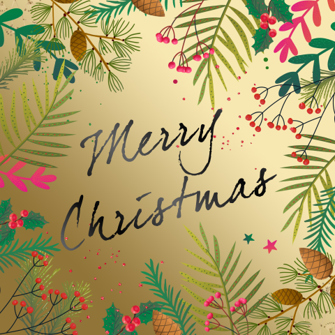 Botanische Weihnachtskarte mit goldenem Hintergrund