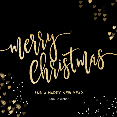 Elegante Weihnachtskarte mit goldenen Herzen und Schriftzug