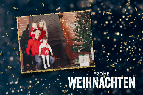 Weihnachtskarte mit Foto, goldenem Konfetti und dunklem Hintergrund