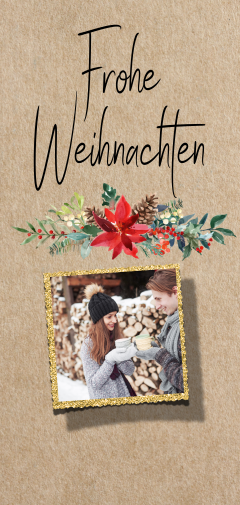 Weihnachtskarte mit Blumengesteck und Foto in goldenem Rahmen