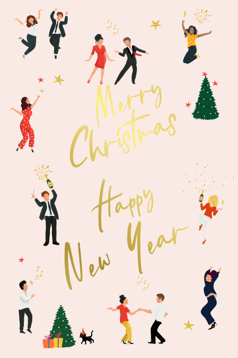Weihnachtskarte mit tanzenden Personen und Foliendruck
