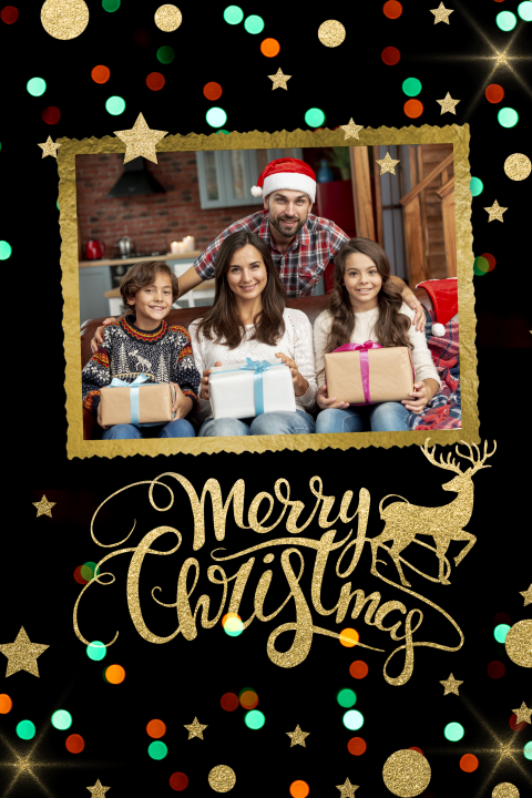 Weihnachtskarte mit dunklem Hintergrund, goldenen Elementen und Foto