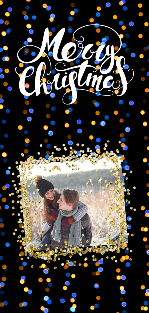 Hübsche Weihnachtskarte mit buntem Konfetti und Foto in Goldrahmen