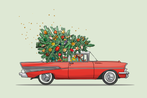 Hübsche Weihnachtskarte mit rotem Atuo und Tannenbaum