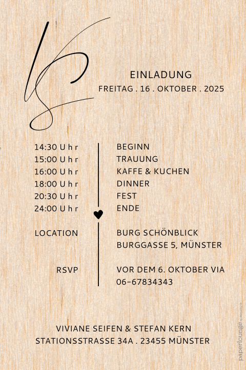 Hochzeitseinladung auf echtem Holz mit schwungvollen Buchstaben