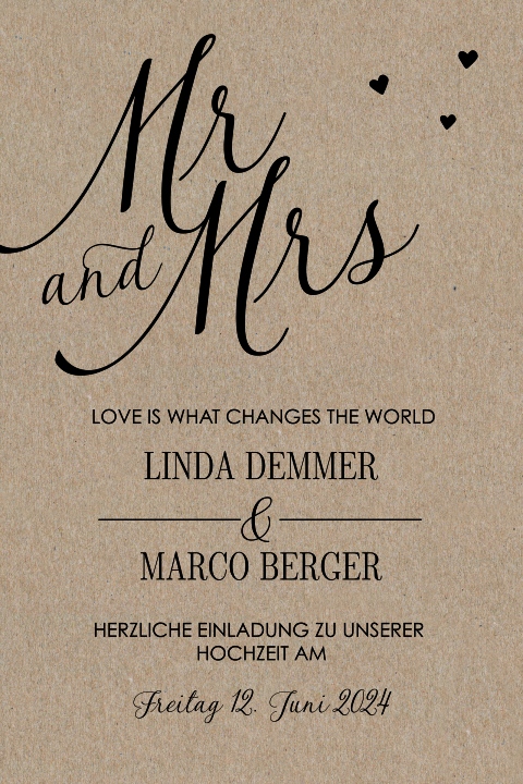 Hochzeitseinladung auf Kraftpapier mit Herzen und Mr. und Mrs.