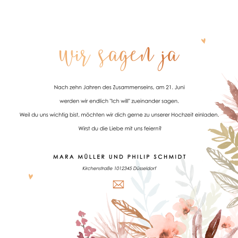 Hochzeitseinladung mit sommerlichen Blumen und Foliendruck: "fall"