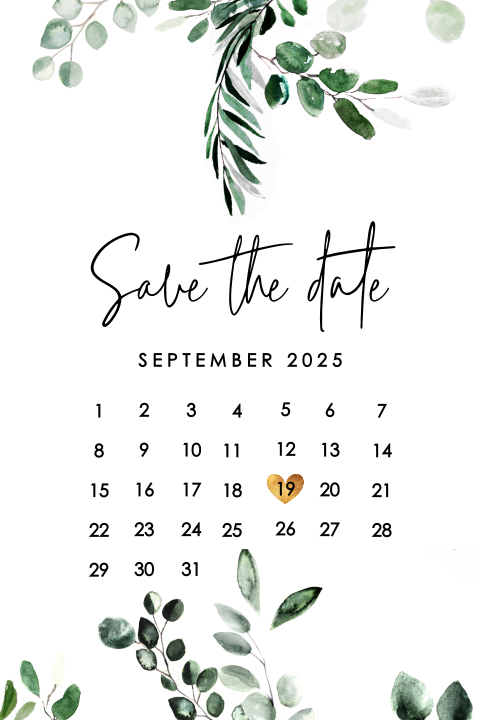 Save the Date Karte mit einem Kalenderblatt und Eukalyptus
