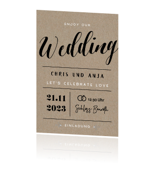 Hochzeitseinladung auf Kraftpapier mit Schriftzug "Lettering"